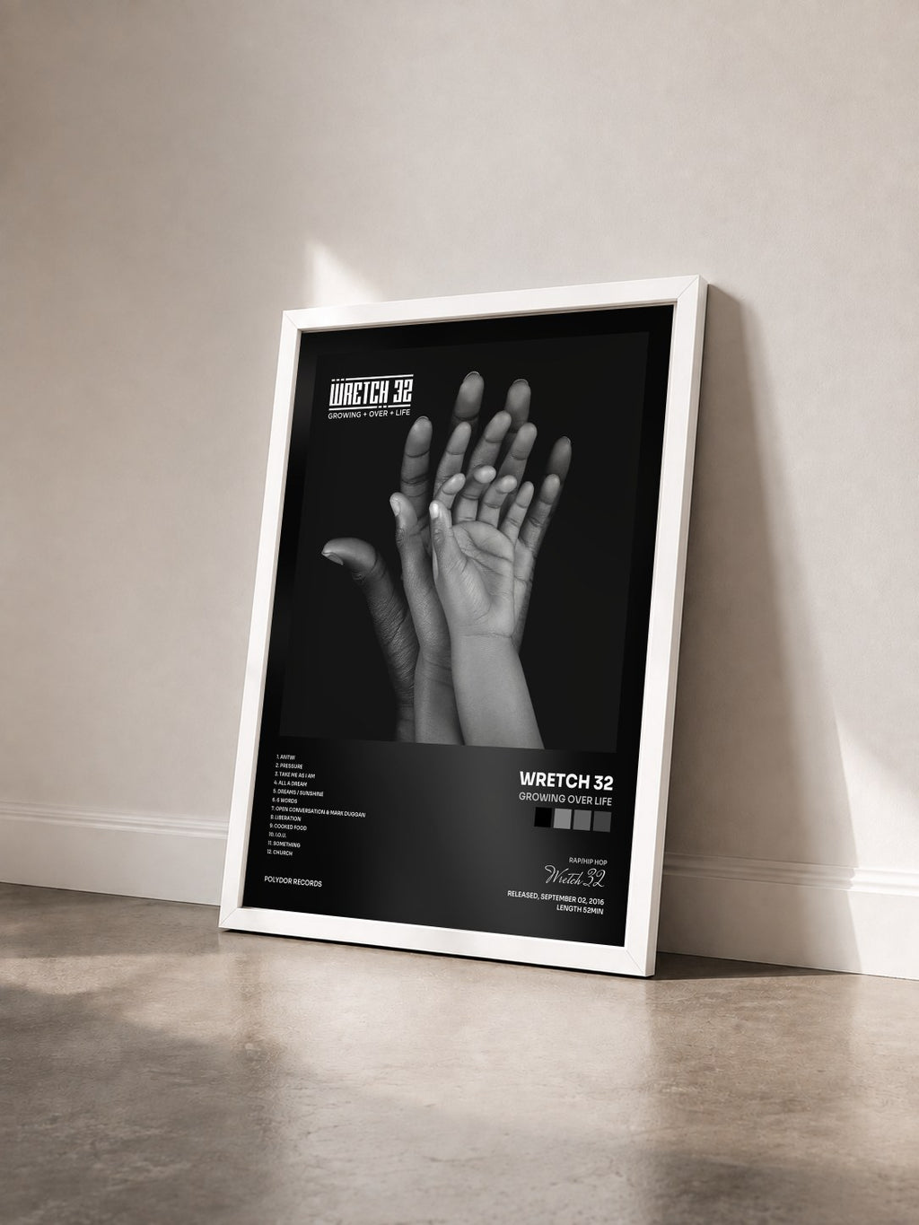 #blanc Tableau de l'album Growing Over Life de Wretch 32 vu de trois quarts, cadre blanc
