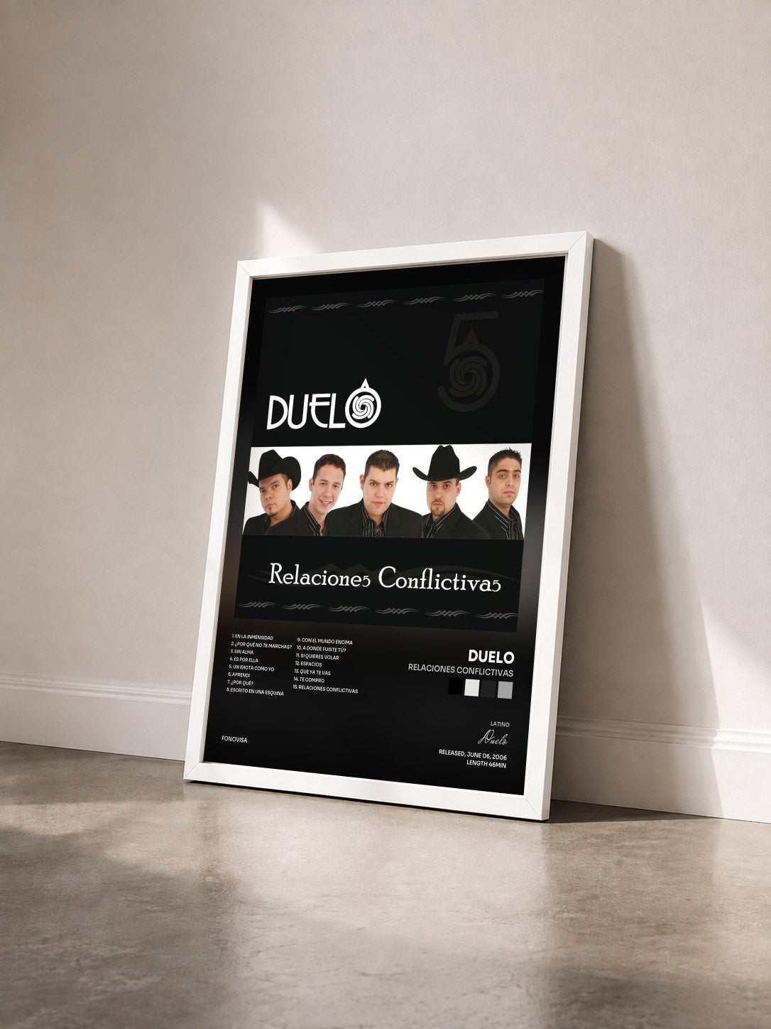 #blanc Tableau de l'album Relaciones Conflictivas de Duelo vu de trois quarts, cadre blanc