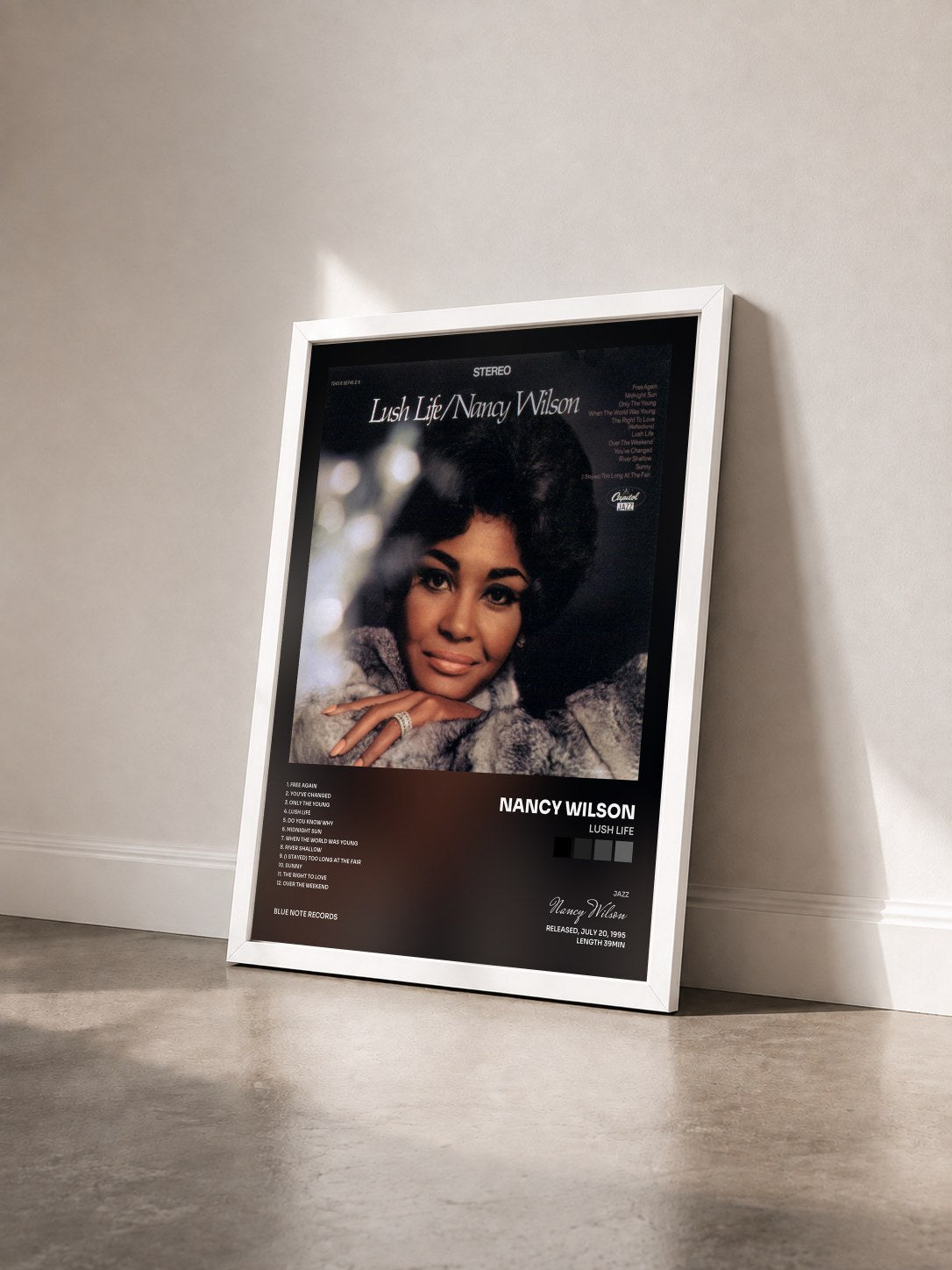 #blanc Tableau de l'album Lush Life de Nancy Wilson vu de trois quarts, cadre blanc