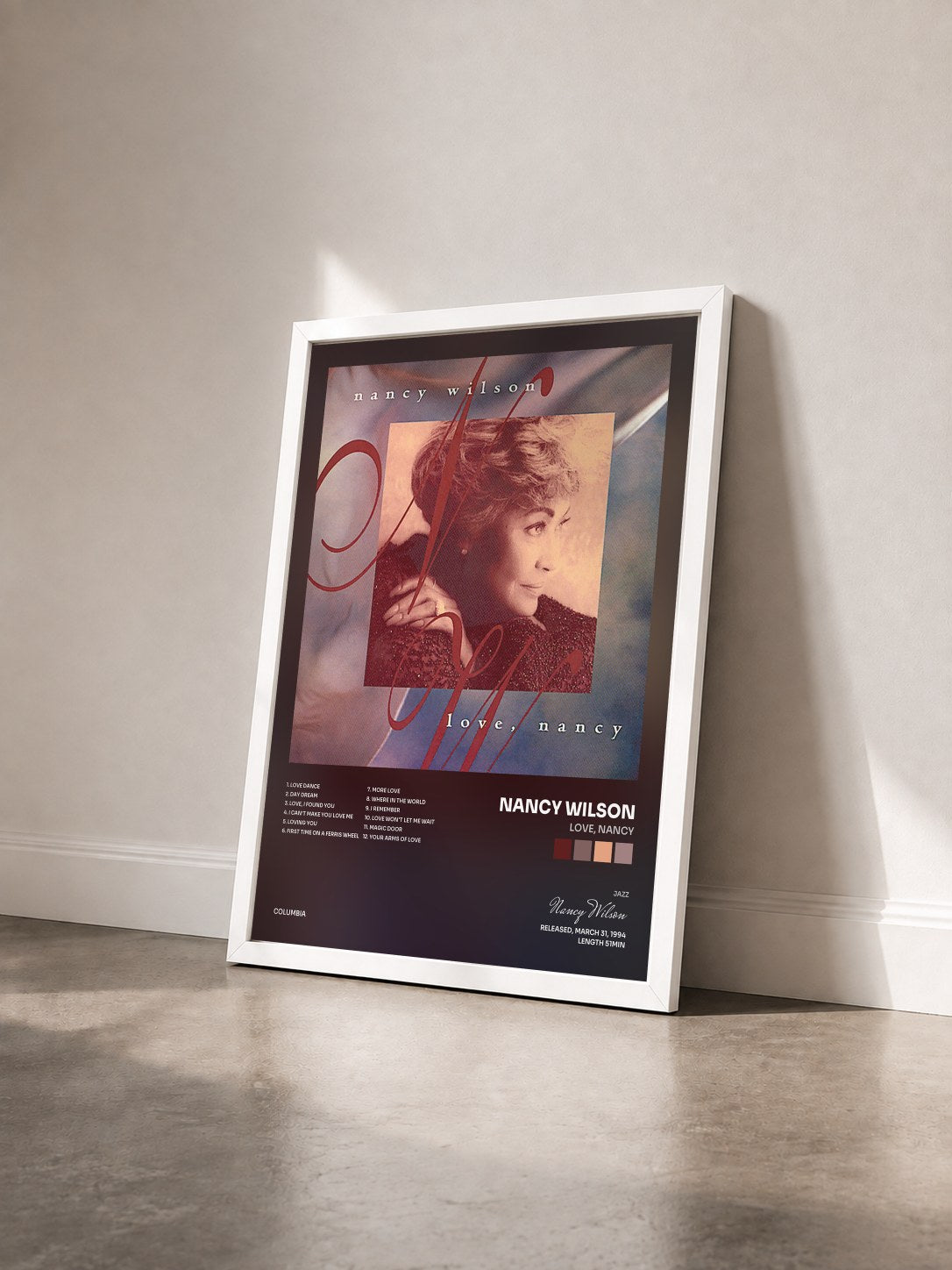 #blanc Tableau de l'album Love, Nancy de Nancy Wilson vu de trois quarts, cadre blanc