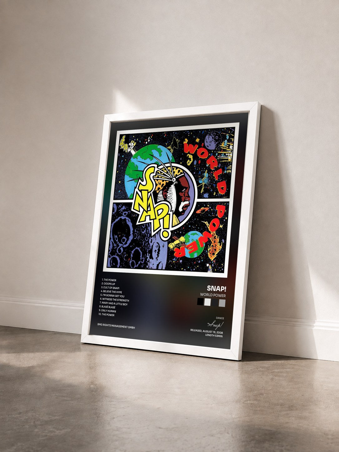 #blanc Tableau de l'album World Power de Snap! vu de trois quarts, cadre blanc