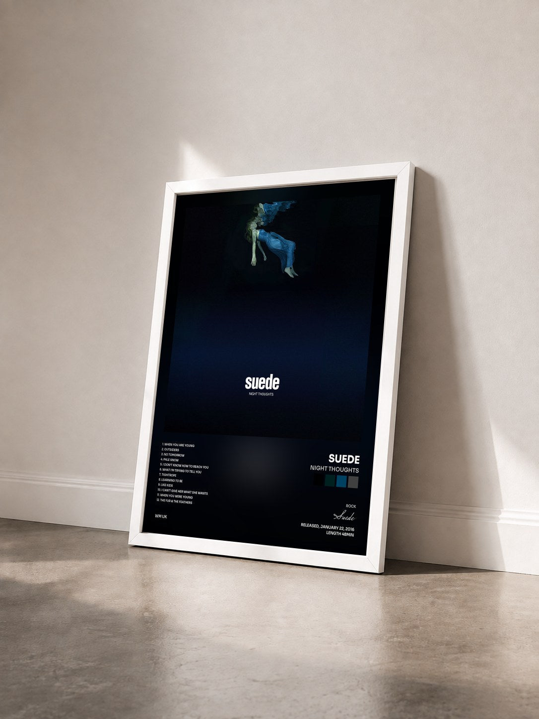 #blanc Tableau de l'album Night Thoughts de Suede vu de trois quarts, cadre blanc
