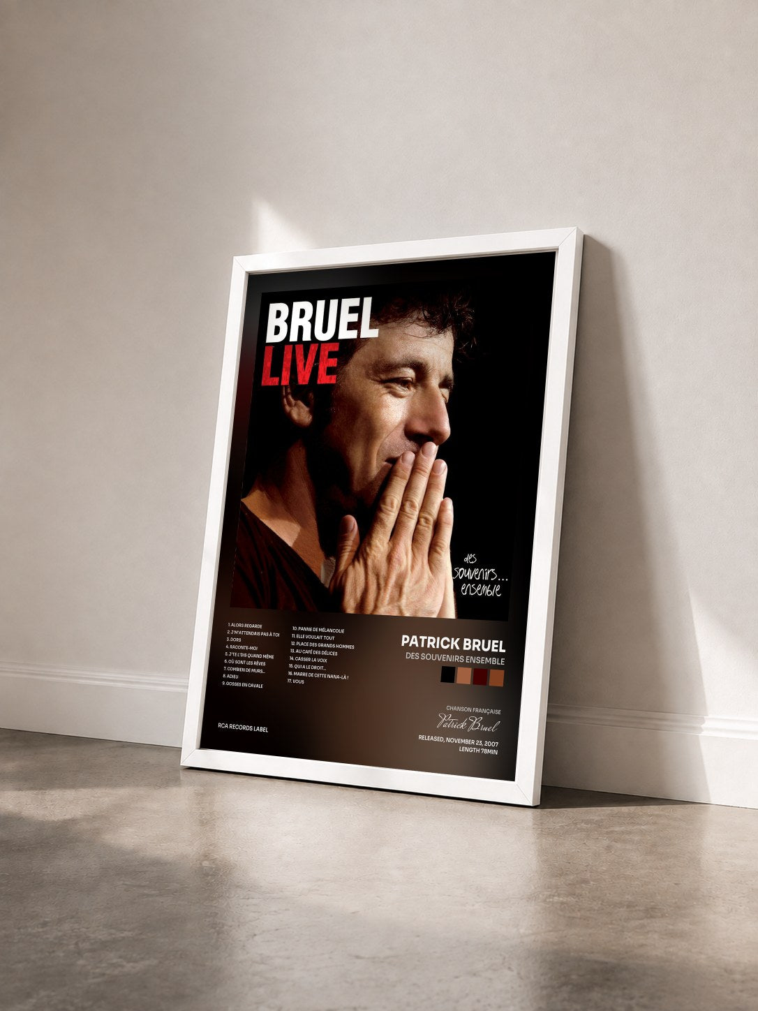 #blanc Tableau de l'album Des souvenirs ensemble de Patrick Bruel vu de trois quarts, cadre blanc