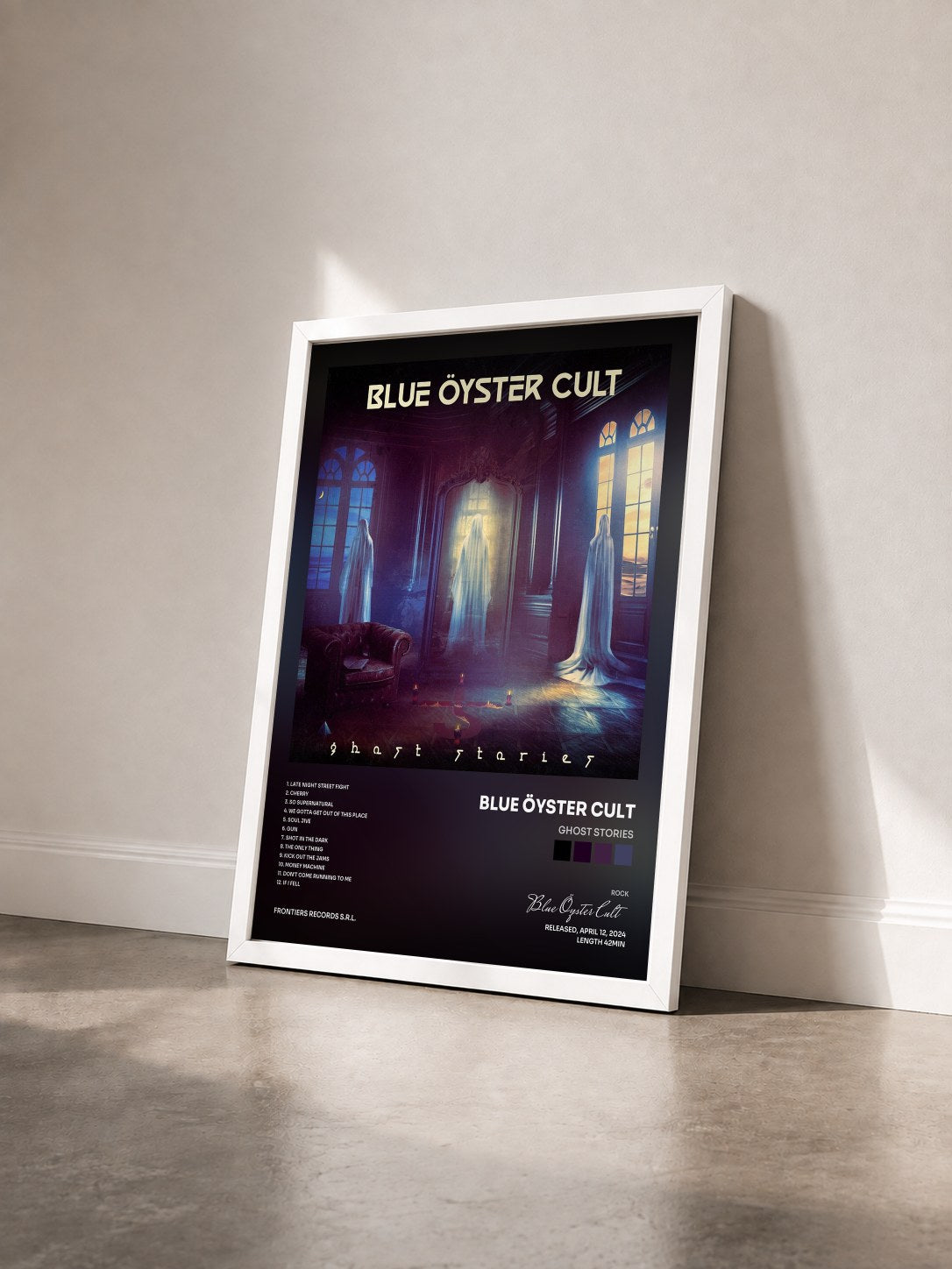 #blanc Tableau de l'album Ghost Stories de Blue Öyster Cult vu de trois quarts, cadre blanc