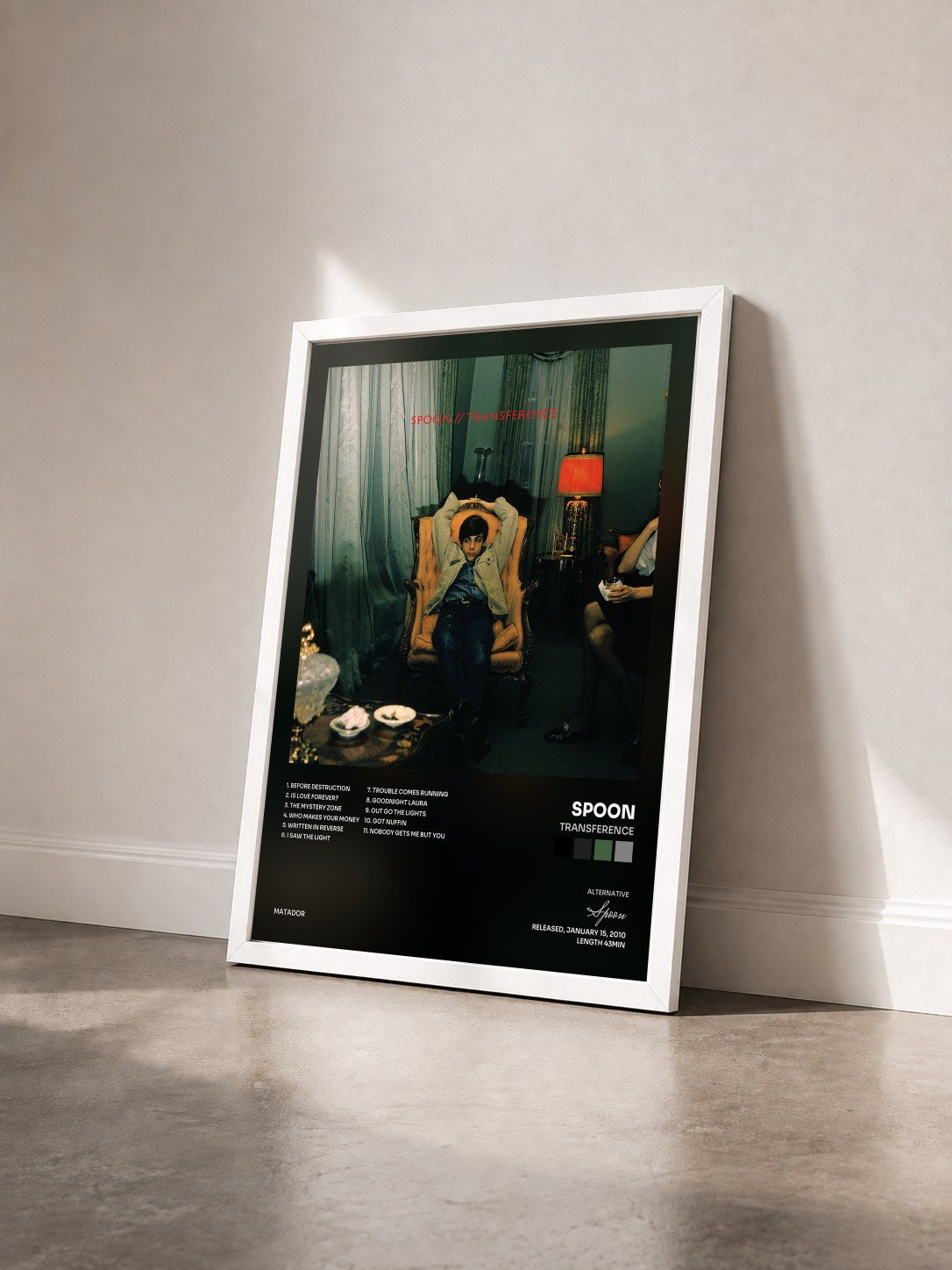 #blanc Tableau de l'album Transference de Spoon vu de trois quarts, cadre blanc