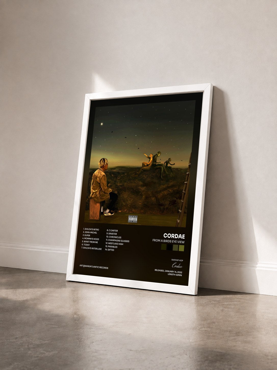 #blanc Tableau de l'album From a Birds Eye View de Cordae vu de trois quarts, cadre blanc