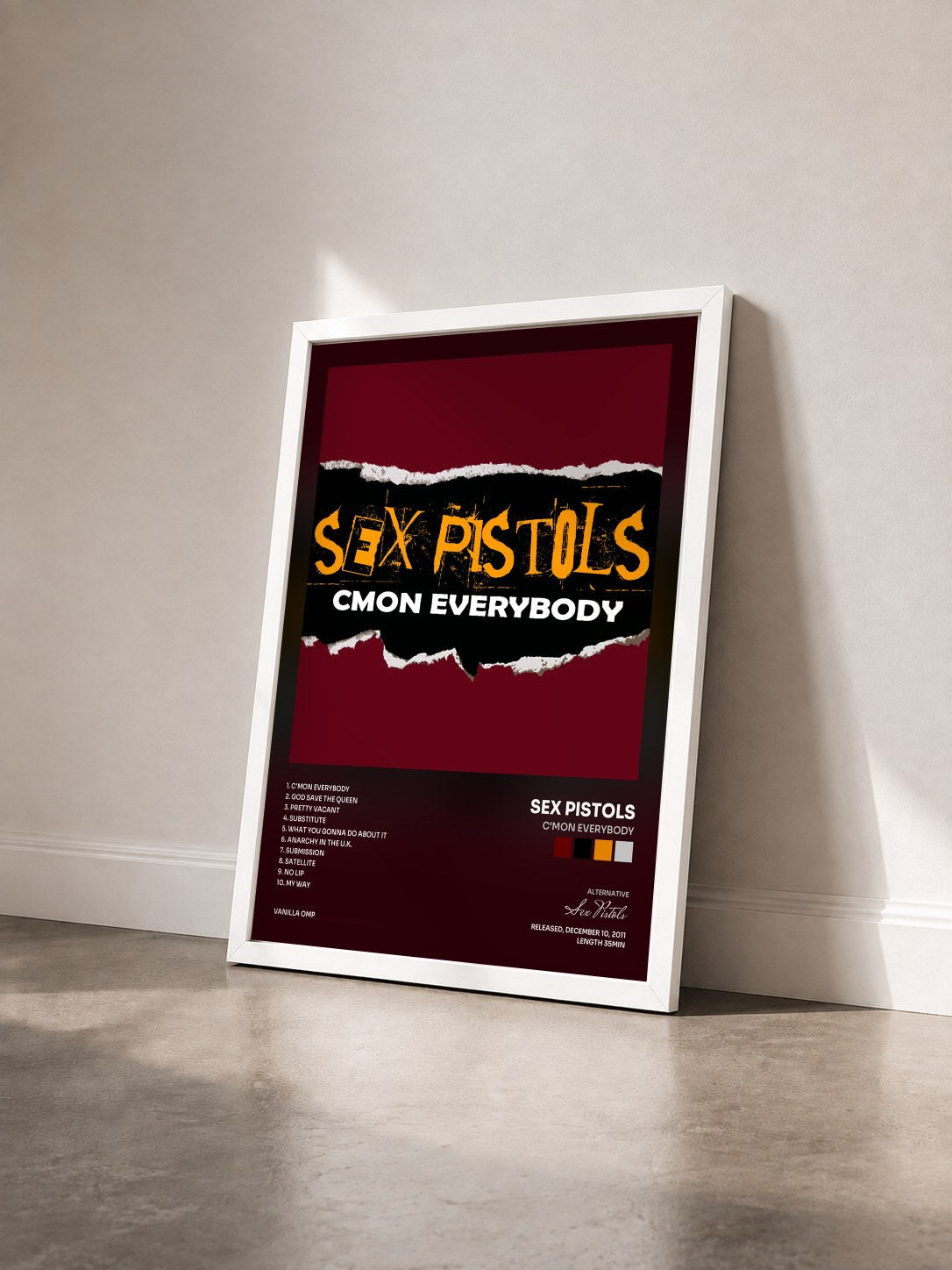 #blanc Tableau de l'album C'mon Everybody de Sex Pistols vu de trois quarts, cadre blanc