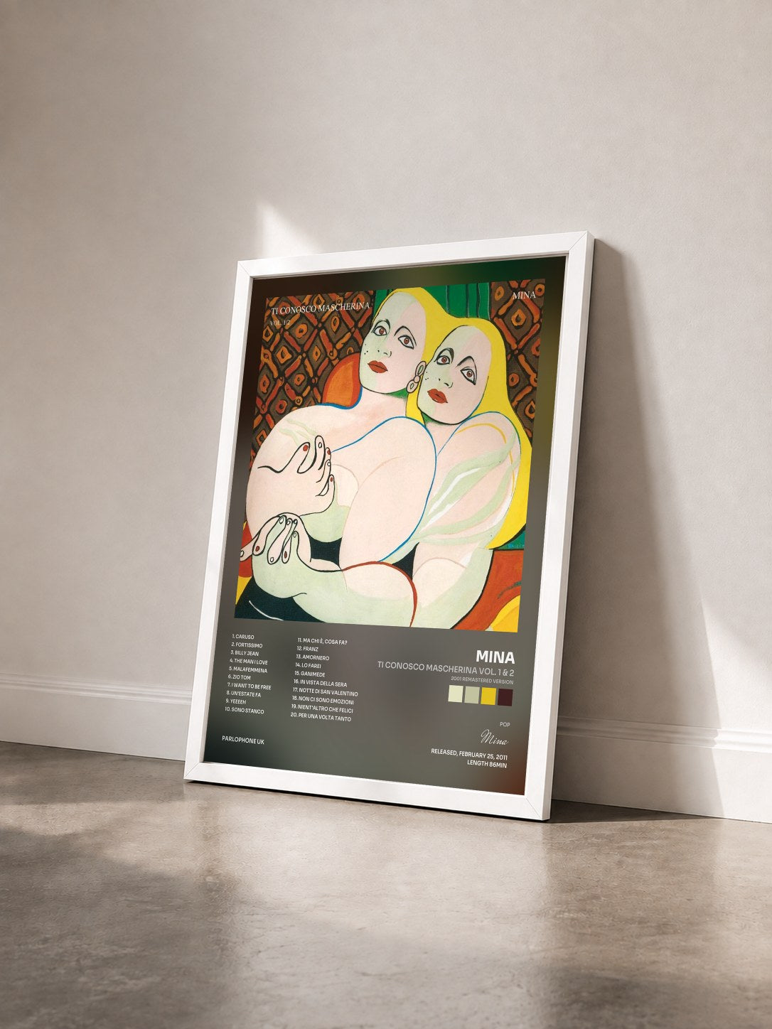 #blanc Tableau de l'album Ti conosco mascherina Vol. 1 & 2 (2001 Remastered Version) de Mina vu de trois quarts, cadre blanc