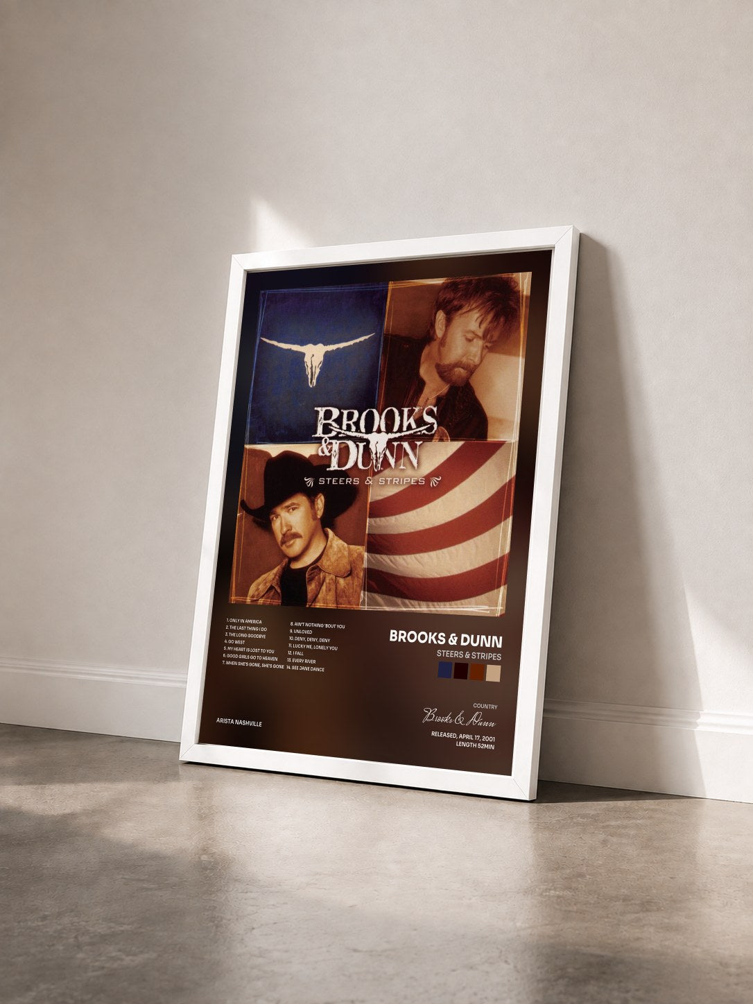 #blanc Tableau de l'album Steers & Stripes de Brooks & Dunn vu de trois quarts, cadre blanc