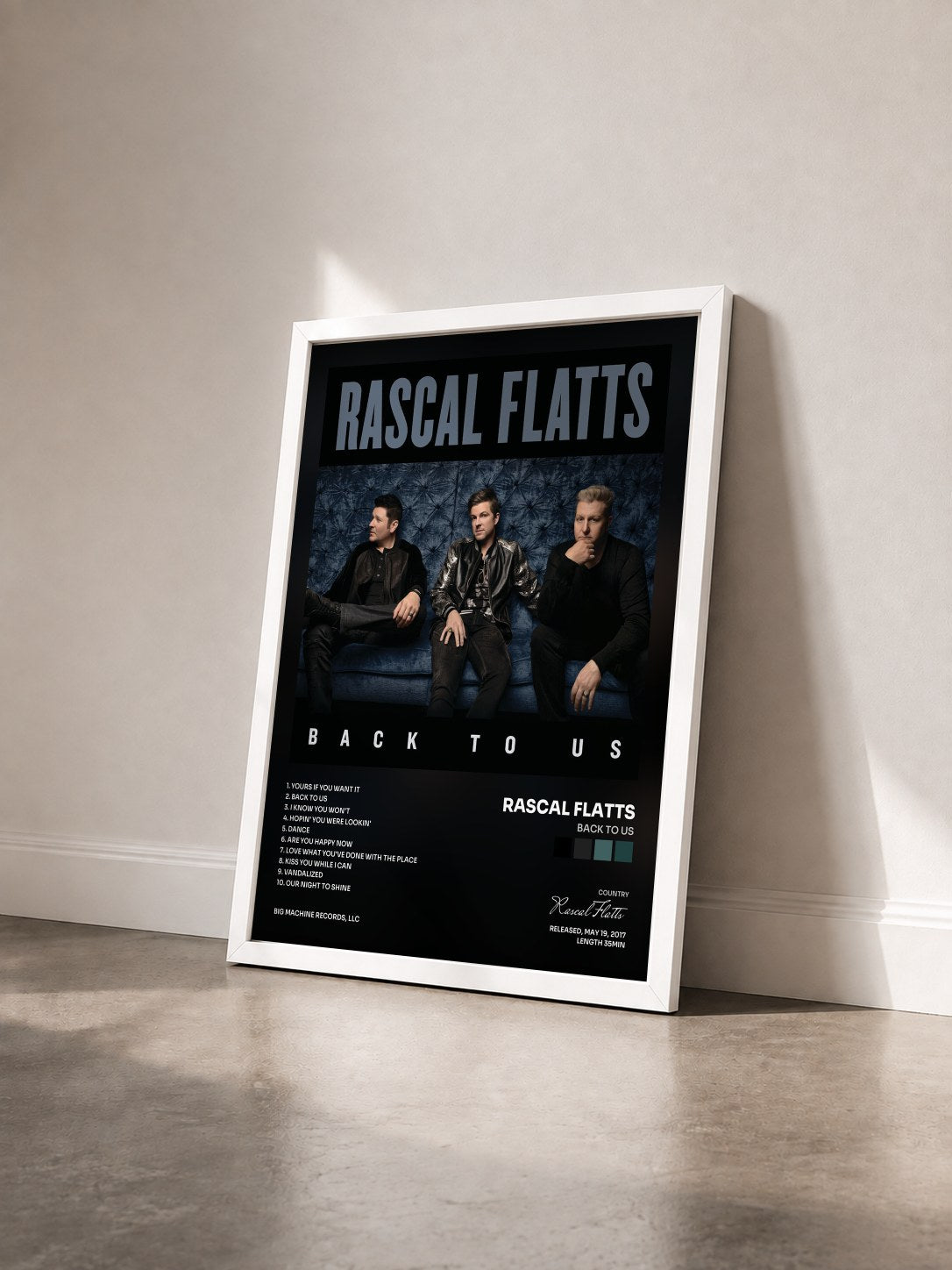 #blanc Tableau de l'album Back To Us de Rascal Flatts vu de trois quarts, cadre blanc