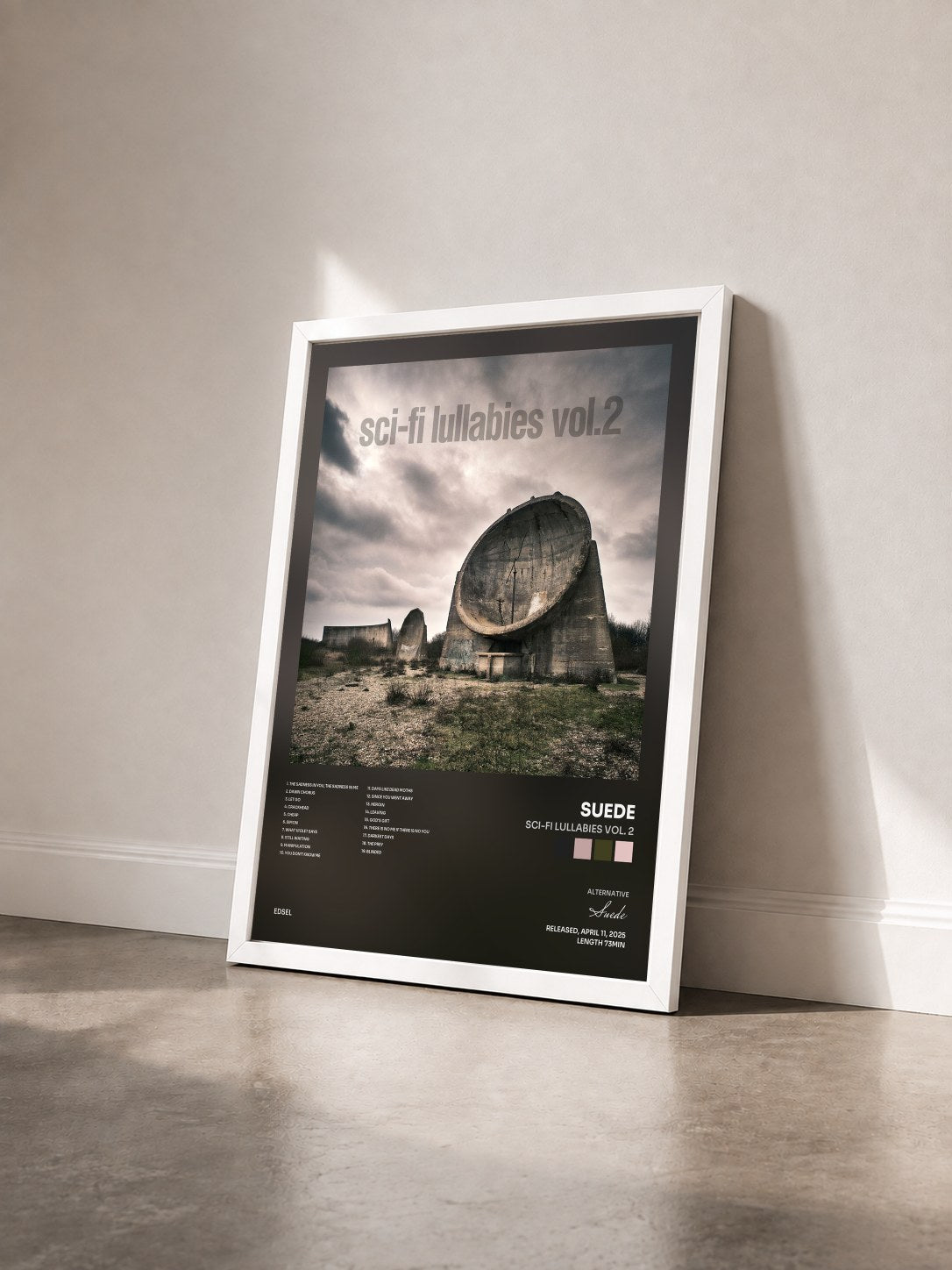 #blanc Tableau de l'album Sci-Fi Lullabies Vol. 2 de Suede vu de trois quarts, cadre blanc