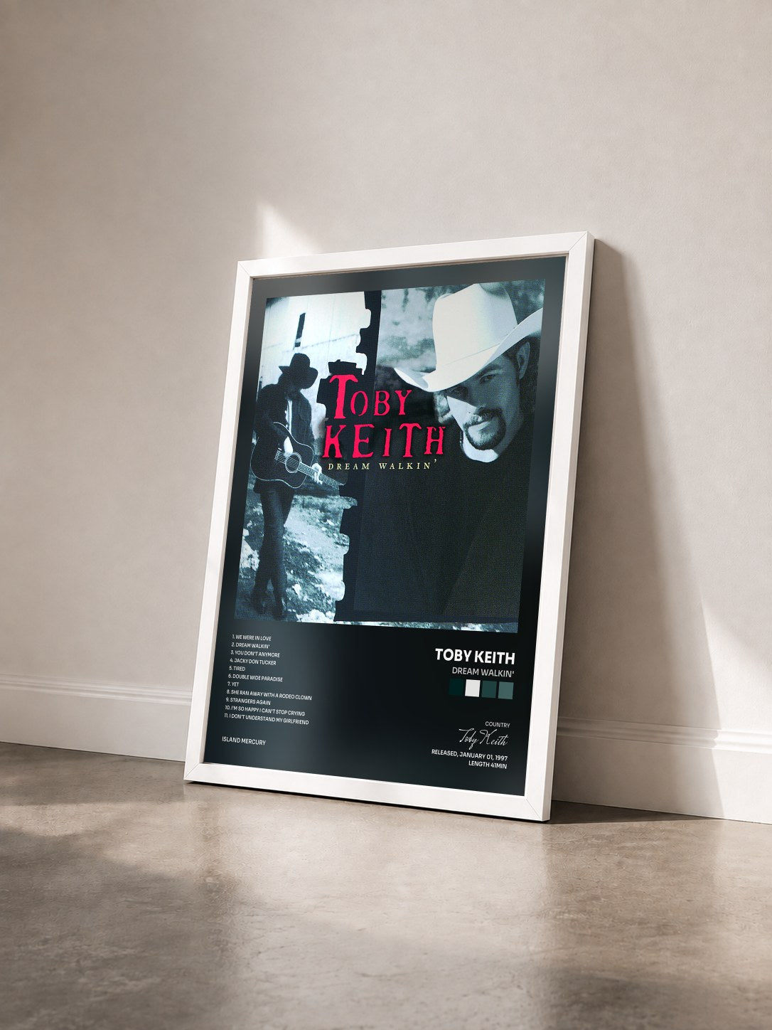 #blanc Tableau de l'album Dream Walkin' de Toby Keith vu de trois quarts, cadre blanc