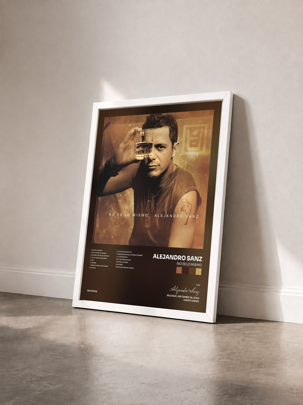 #blanc Tableau de l'album No es lo mismo de Alejandro Sanz vu de trois quarts, cadre blanc