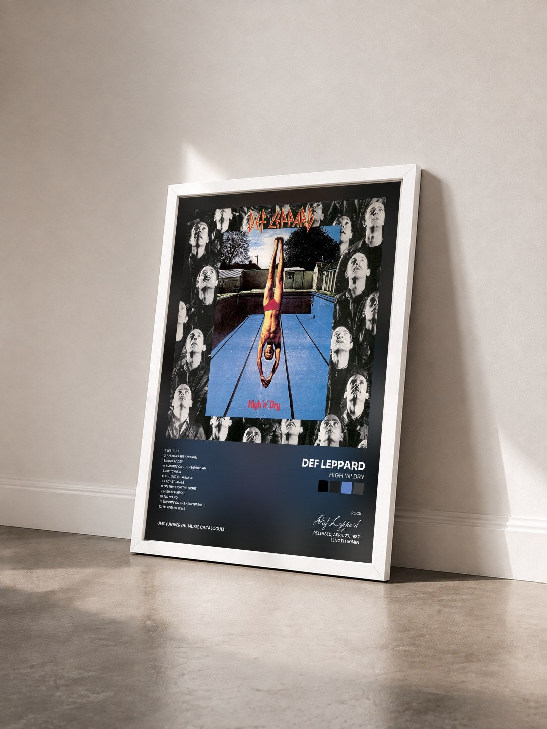 #blanc Tableau de l'album High 'N' Dry de Def Leppard vu de trois quarts, cadre blanc