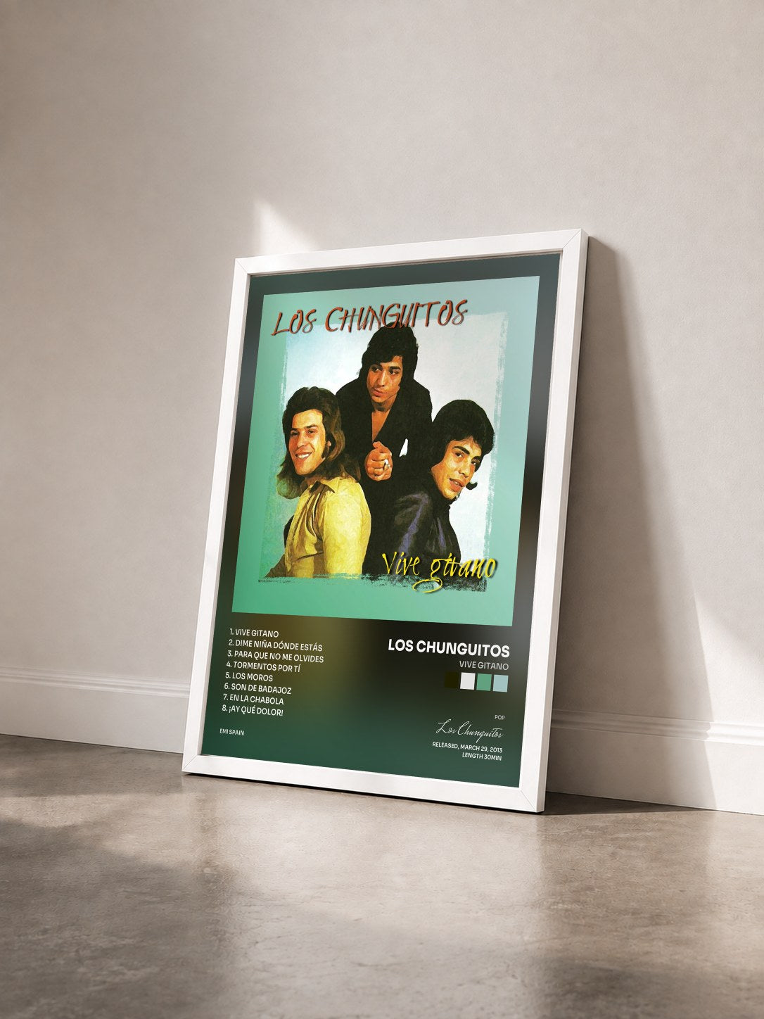 #blanc Tableau de l'album Vive Gitano de Los Chunguitos vu de trois quarts, cadre blanc