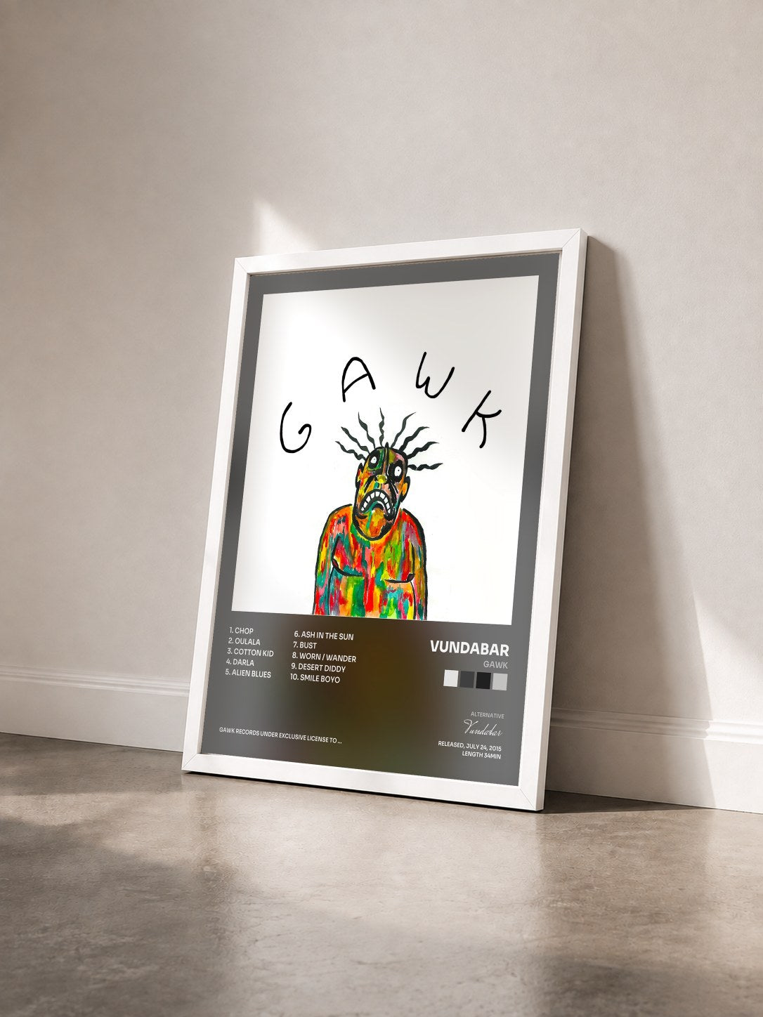 #blanc Tableau de l'album Gawk de Vundabar vu de trois quarts, cadre blanc