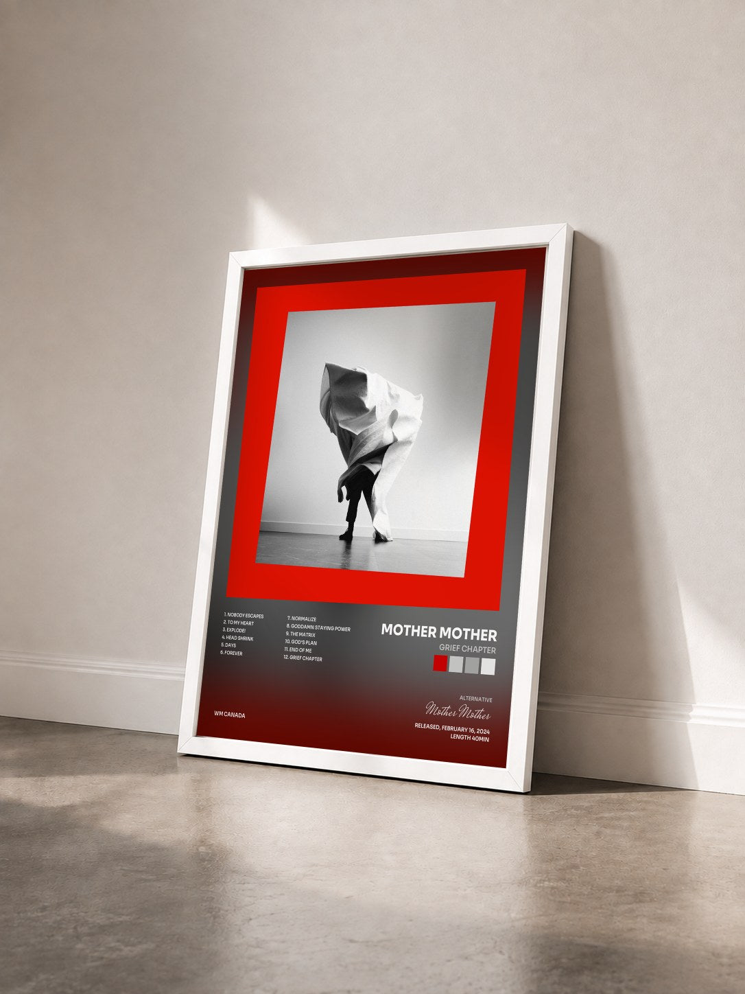 #blanc Tableau de l'album Grief Chapter de Mother Mother vu de trois quarts, cadre blanc