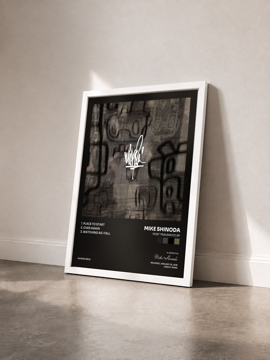 #blanc Tableau de l'album Post Traumatic EP de Mike Shinoda vu de trois quarts, cadre blanc
