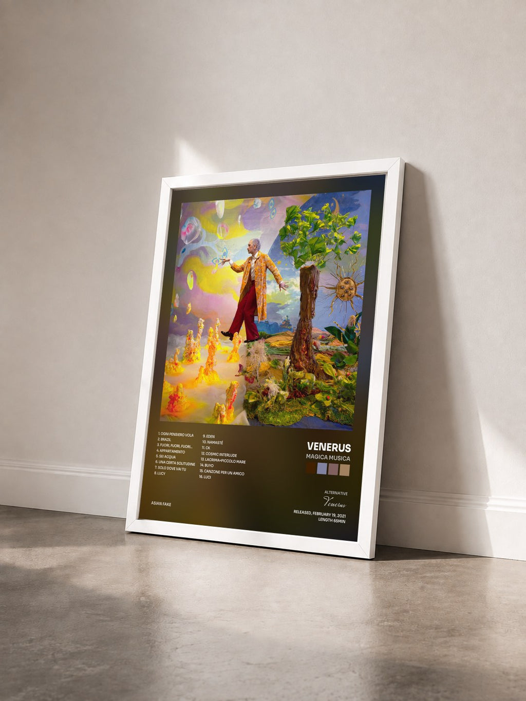 #blanc Tableau de l'album Magica Musica de Venerus vu de trois quarts, cadre blanc