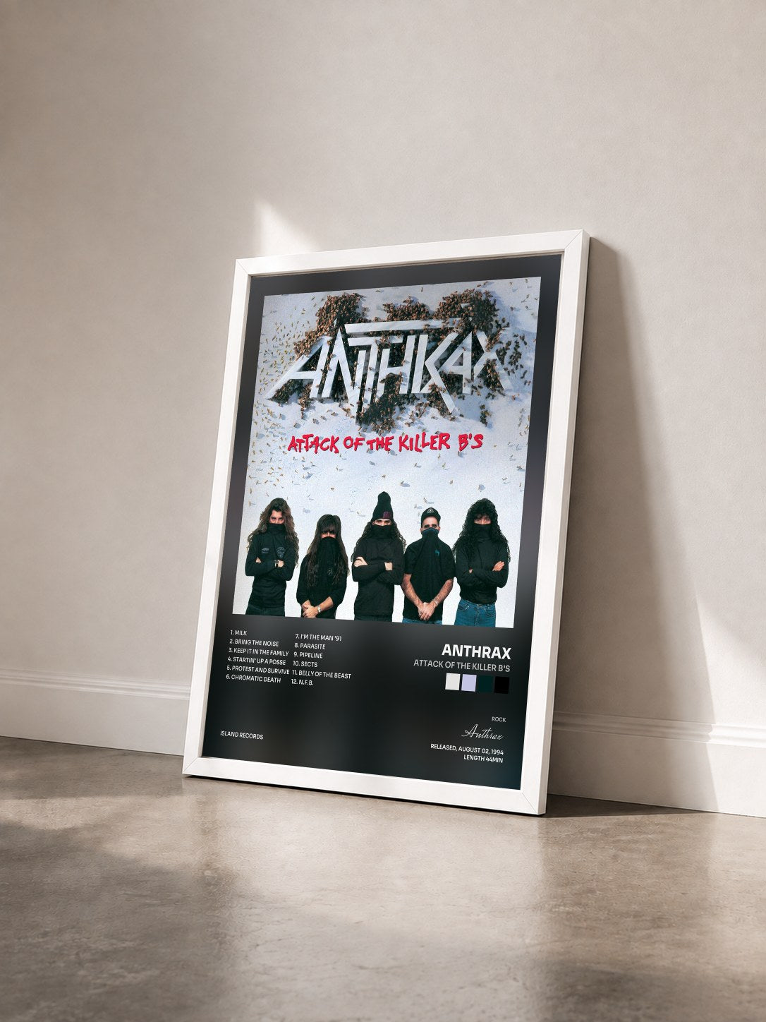 #blanc Tableau de l'album Attack Of The Killer B's de Anthrax vu de trois quarts, cadre blanc