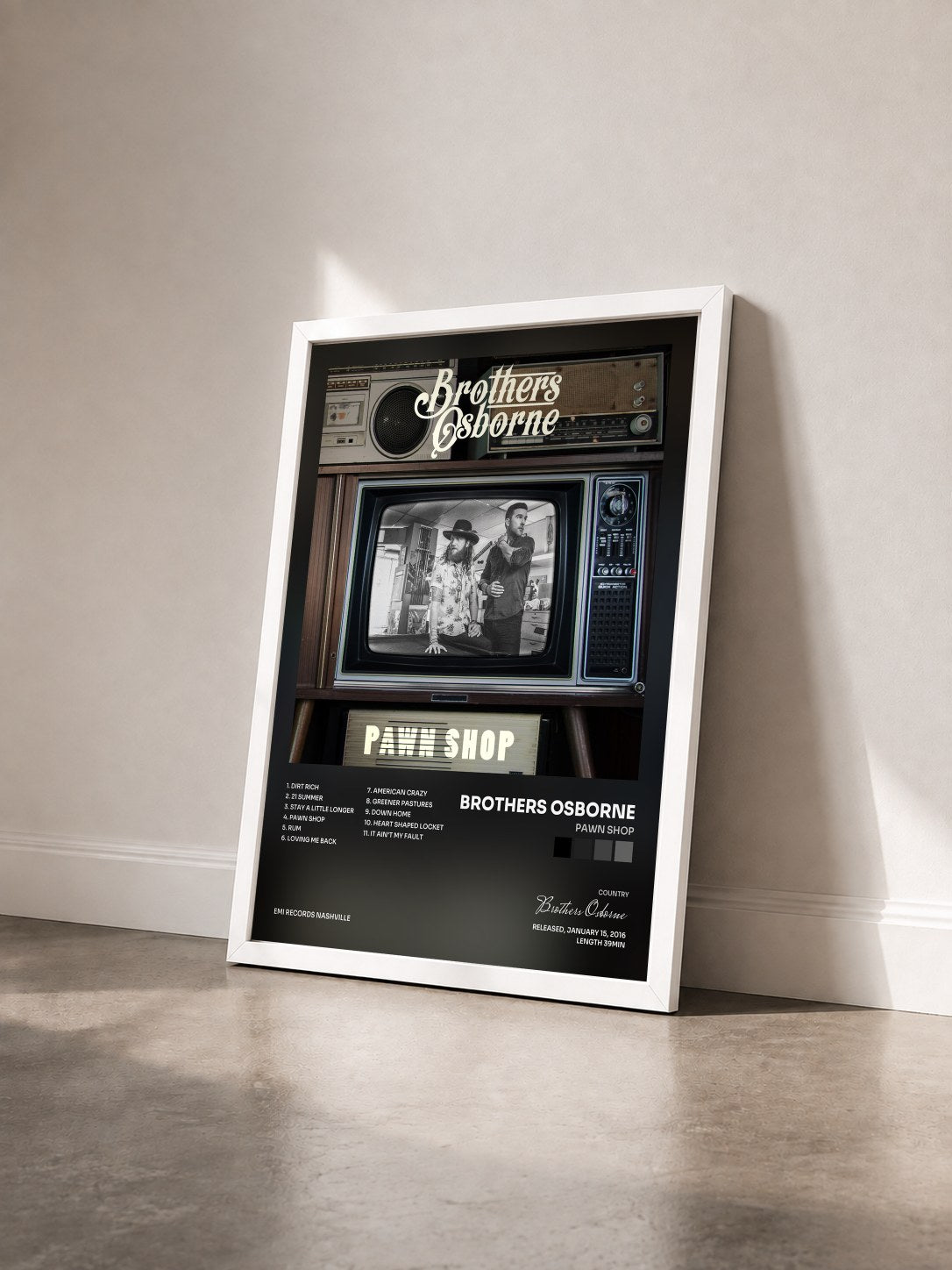 #blanc Tableau de l'album Pawn Shop de Brothers Osborne vu de trois quarts, cadre blanc