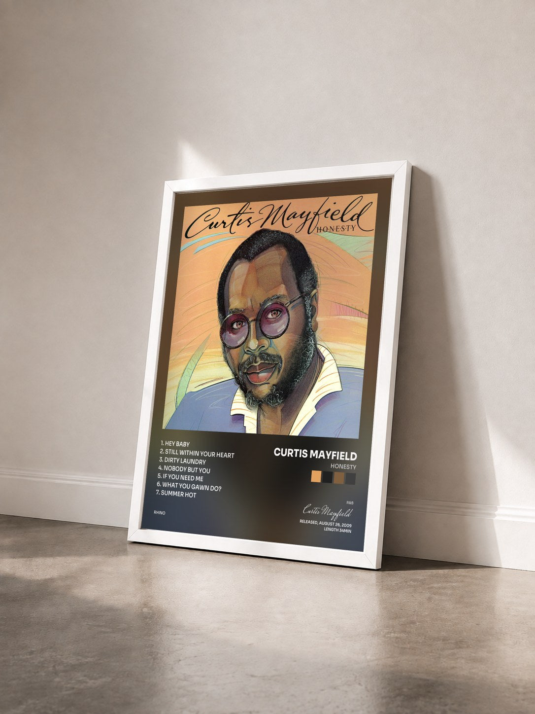 #blanc Tableau de l'album Honesty de Curtis Mayfield vu de trois quarts, cadre blanc