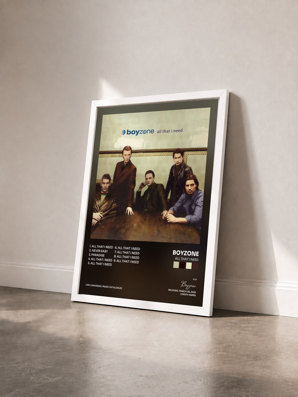 #blanc Tableau de l'album All That I Need de Boyzone vu de trois quarts, cadre blanc