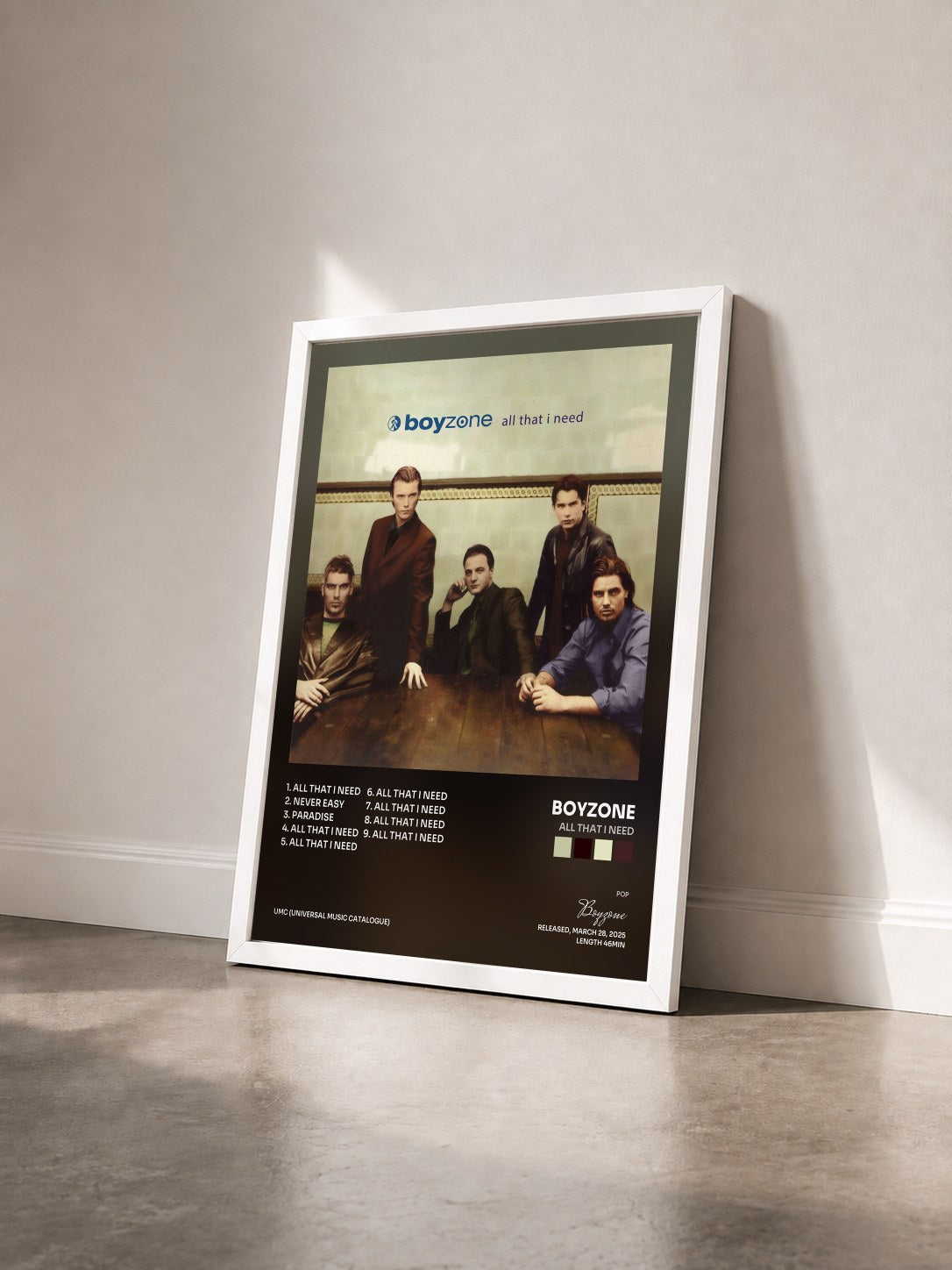 #blanc Tableau de l'album All That I Need de Boyzone vu de trois quarts, cadre blanc