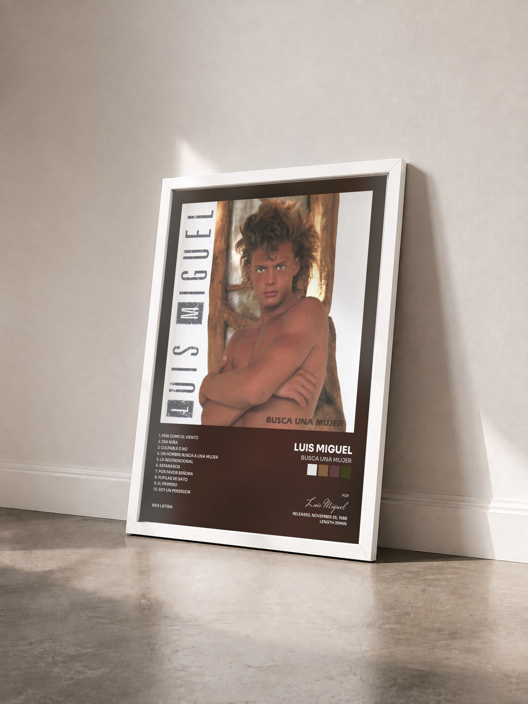 #blanc Tableau de l'album Busca Una Mujer de Luis Miguel vu de trois quarts, cadre blanc