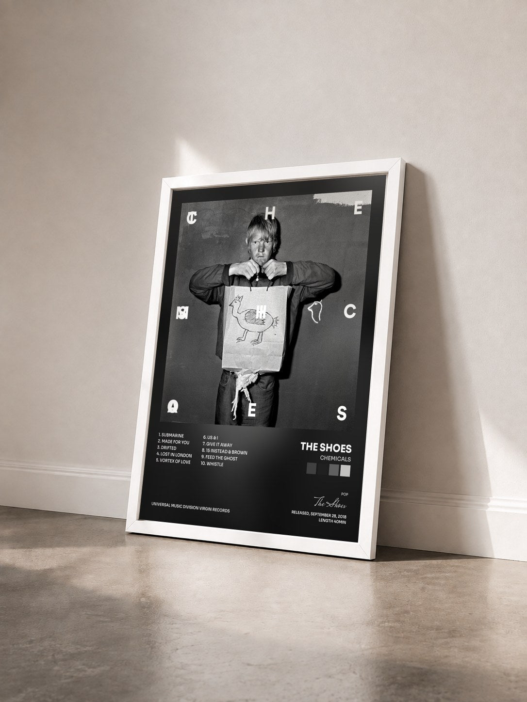 #blanc Tableau de l'album Chemicals de The Shoes vu de trois quarts, cadre blanc