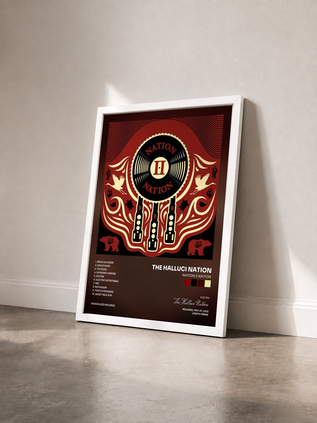#blanc Tableau de l'album Nation II Nation de The Halluci Nation vu de trois quarts, cadre blanc