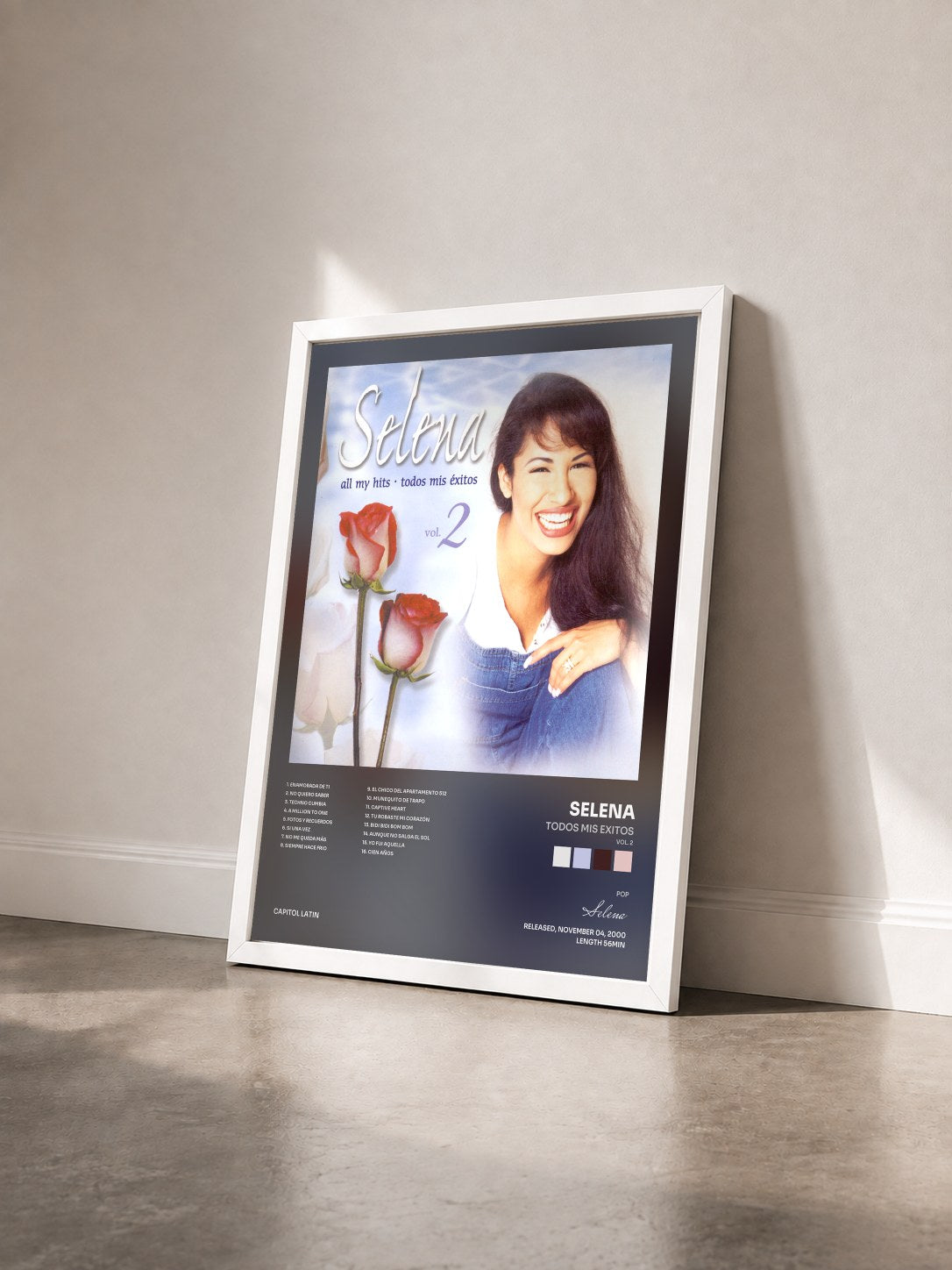 #blanc Tableau de l'album Todos Mis Exitos (Vol. 2) de Selena vu de trois quarts, cadre blanc