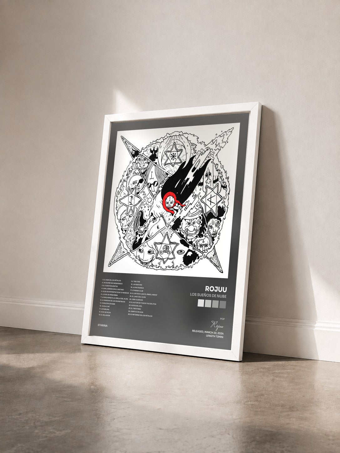 #blanc Tableau de l'album Los Sueños De Nube de Rojuu vu de trois quarts, cadre blanc