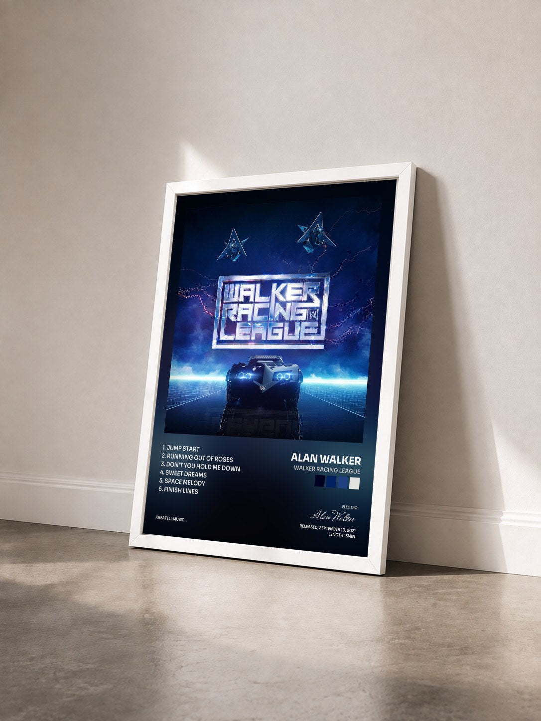 #blanc Tableau de l'album Walker Racing League de Alan Walker vu de trois quarts, cadre blanc