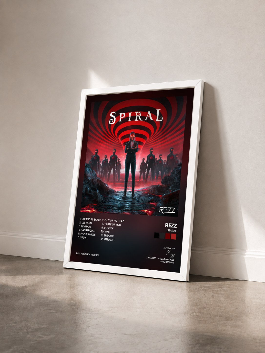 #blanc Tableau de l'album Spiral de Rezz vu de trois quarts, cadre blanc