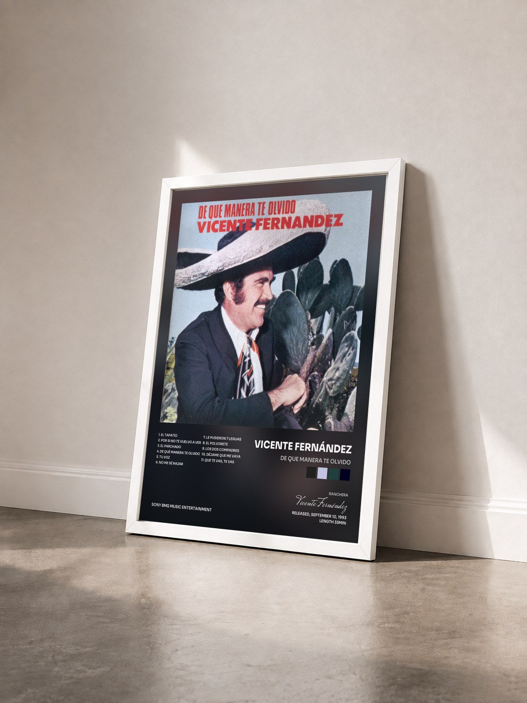 #blanc Tableau de l'album De Que Manera Te Olvido de Vicente Fernández vu de trois quarts, cadre blanc