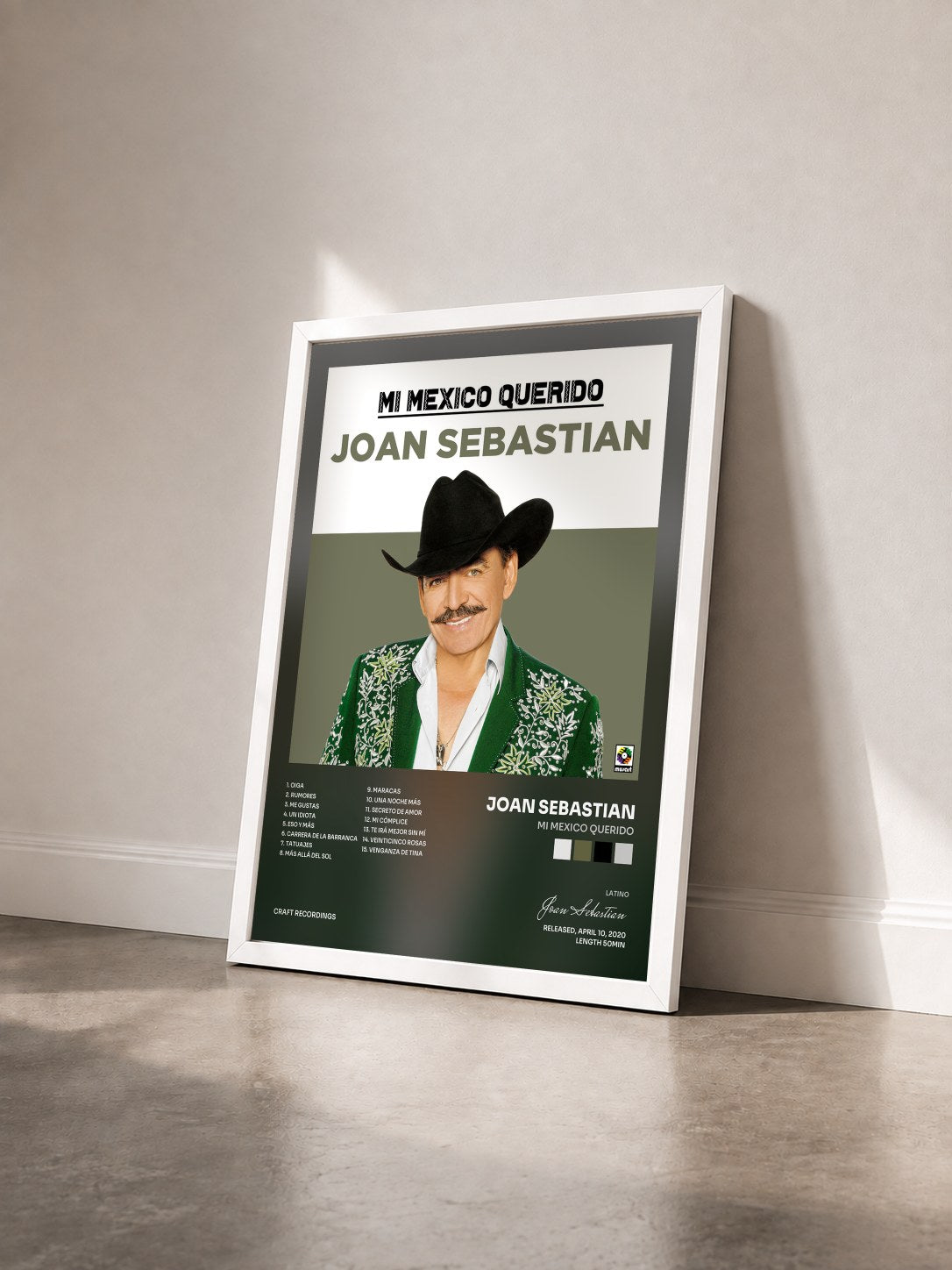 #blanc Tableau de l'album Mi Mexico Querido de Joan Sebastian vu de trois quarts, cadre blanc
