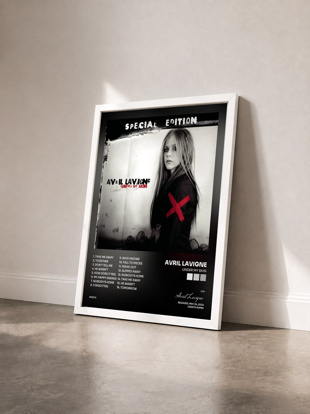 #blanc Under My Skin by Avril Lavigne as a framed art print seen at an angle, white frame