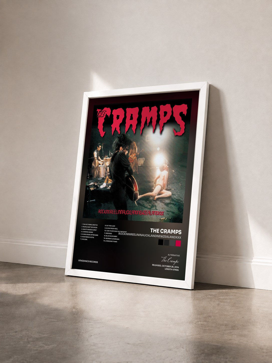 #blanc Tableau de l'album Rockinnreelininaucklandnewzealandxxx de The Cramps vu de trois quarts, cadre blanc