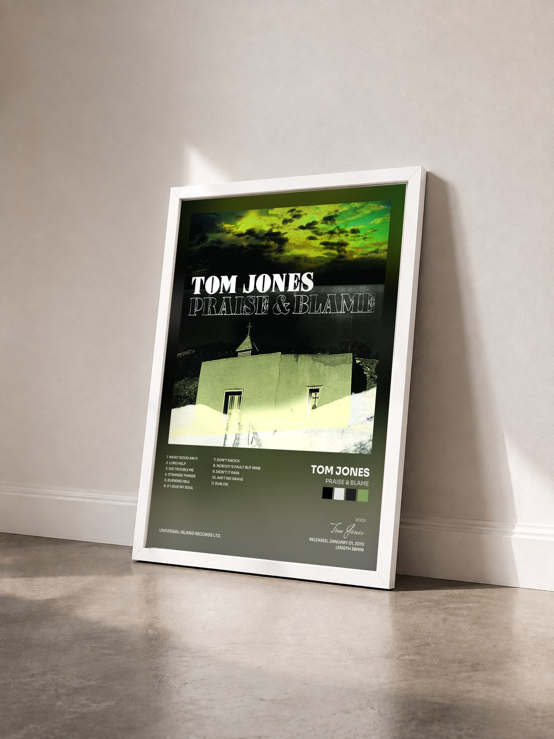 #blanc Tableau de l'album Praise & Blame de Tom Jones vu de trois quarts, cadre blanc