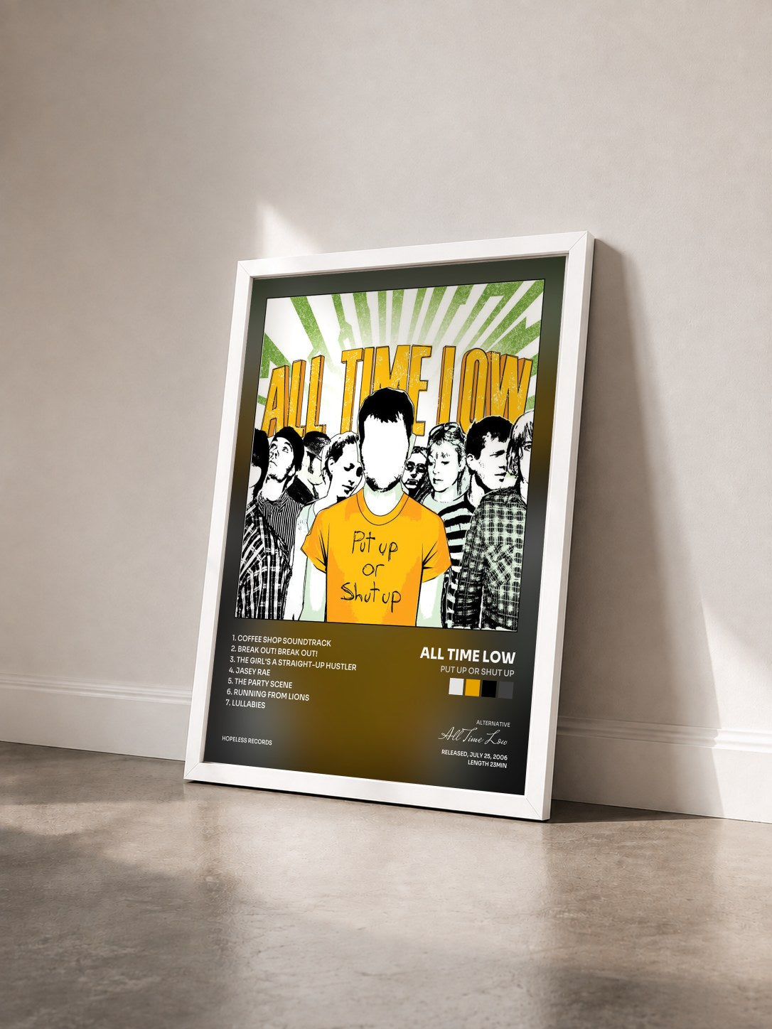 #blanc Tableau de l'album Put Up Or Shut Up de All Time Low vu de trois quarts, cadre blanc