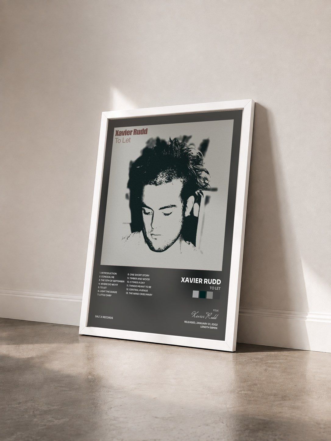 #blanc Tableau de l'album To Let de Xavier Rudd vu de trois quarts, cadre blanc