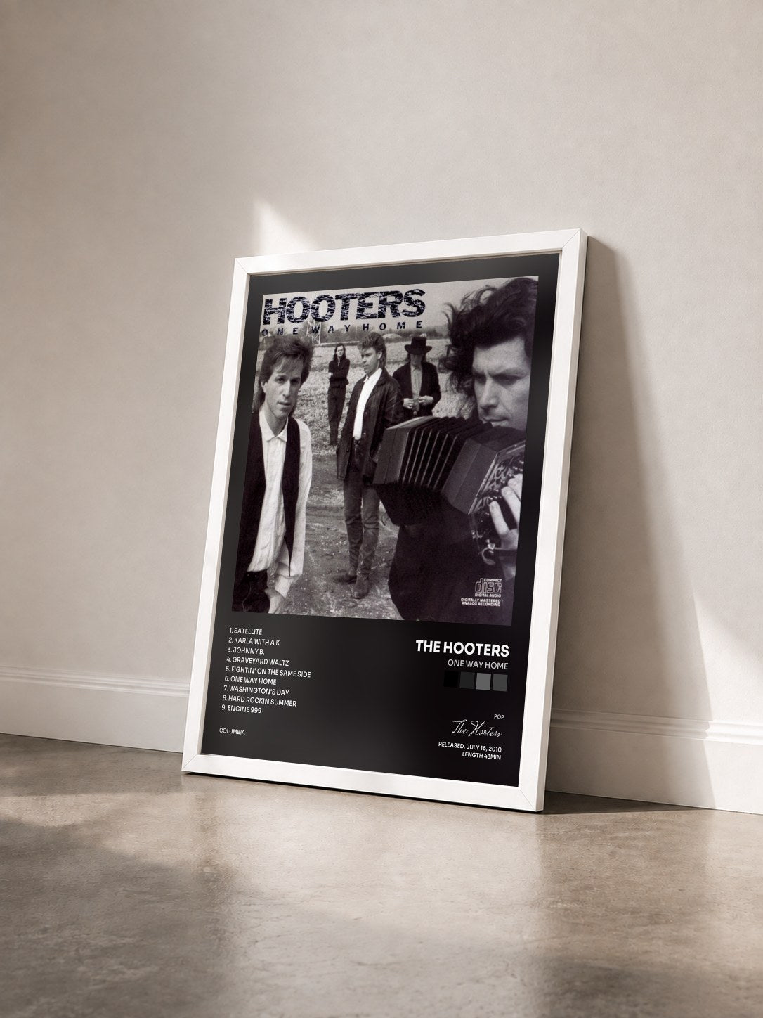#blanc Tableau de l'album One Way Home de The Hooters vu de trois quarts, cadre blanc