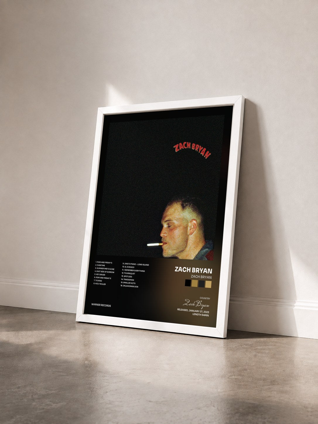 #blanc Tableau de l'album Zach Bryan de Zach Bryan vu de trois quarts, cadre blanc