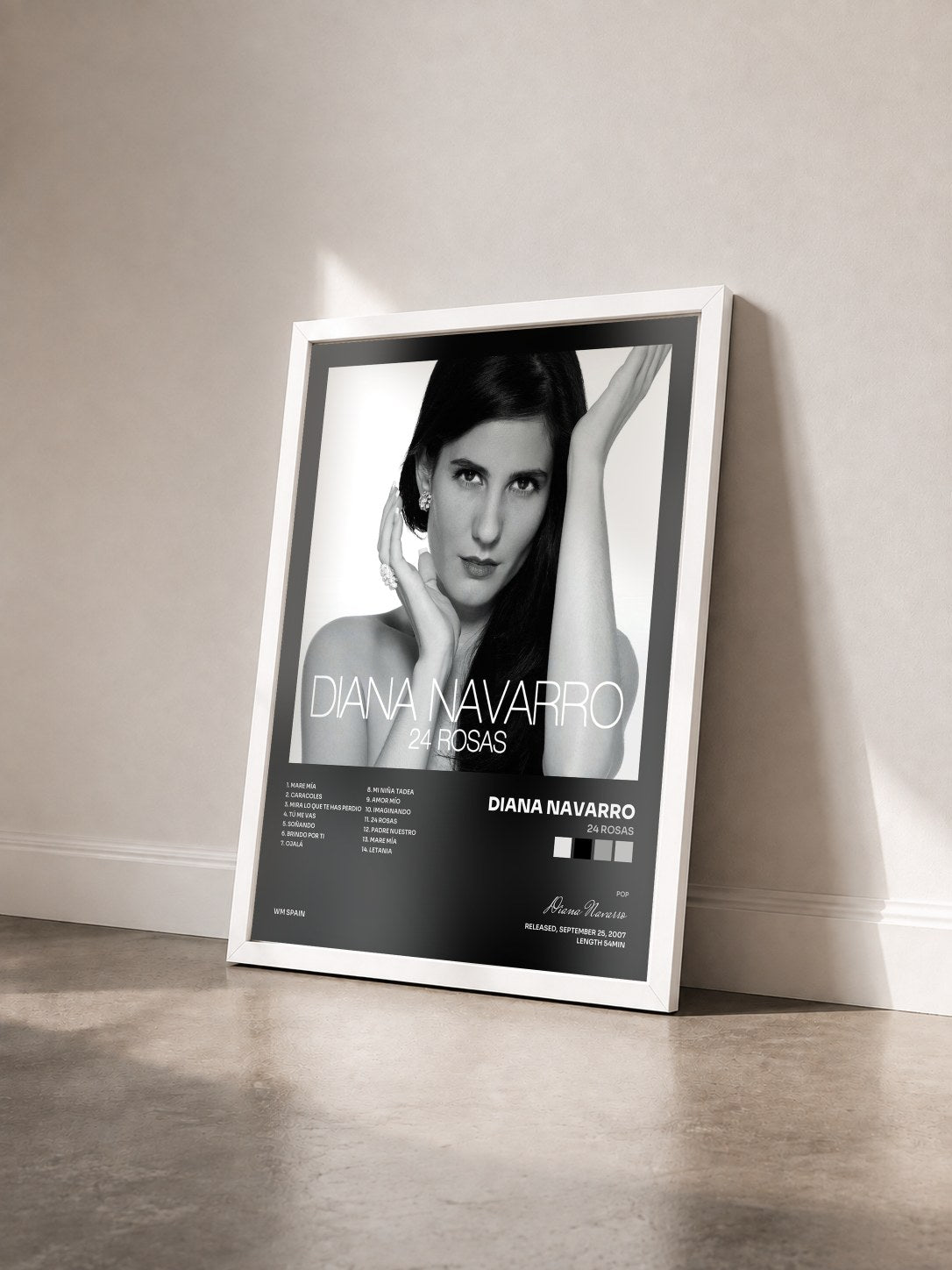 #blanc Tableau de l'album 24 Rosas de Diana Navarro vu de trois quarts, cadre blanc