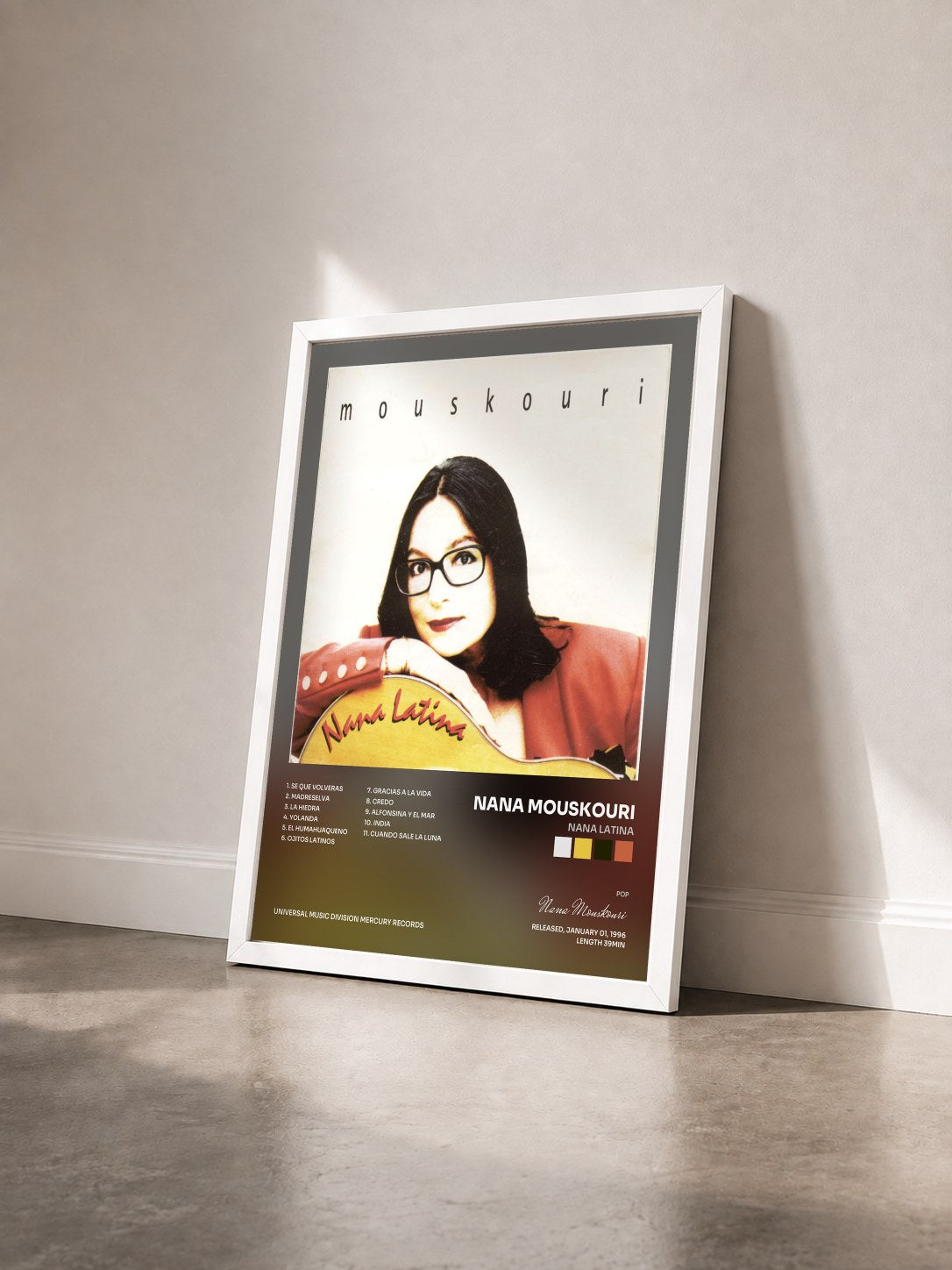 #blanc Tableau de l'album Nana Latina de Nana Mouskouri vu de trois quarts, cadre blanc