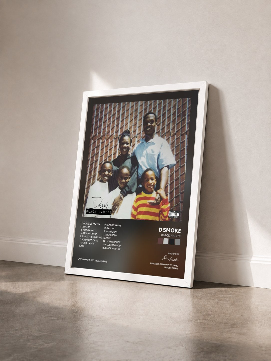 #blanc Tableau de l'album Black Habits de D Smoke vu de trois quarts, cadre blanc