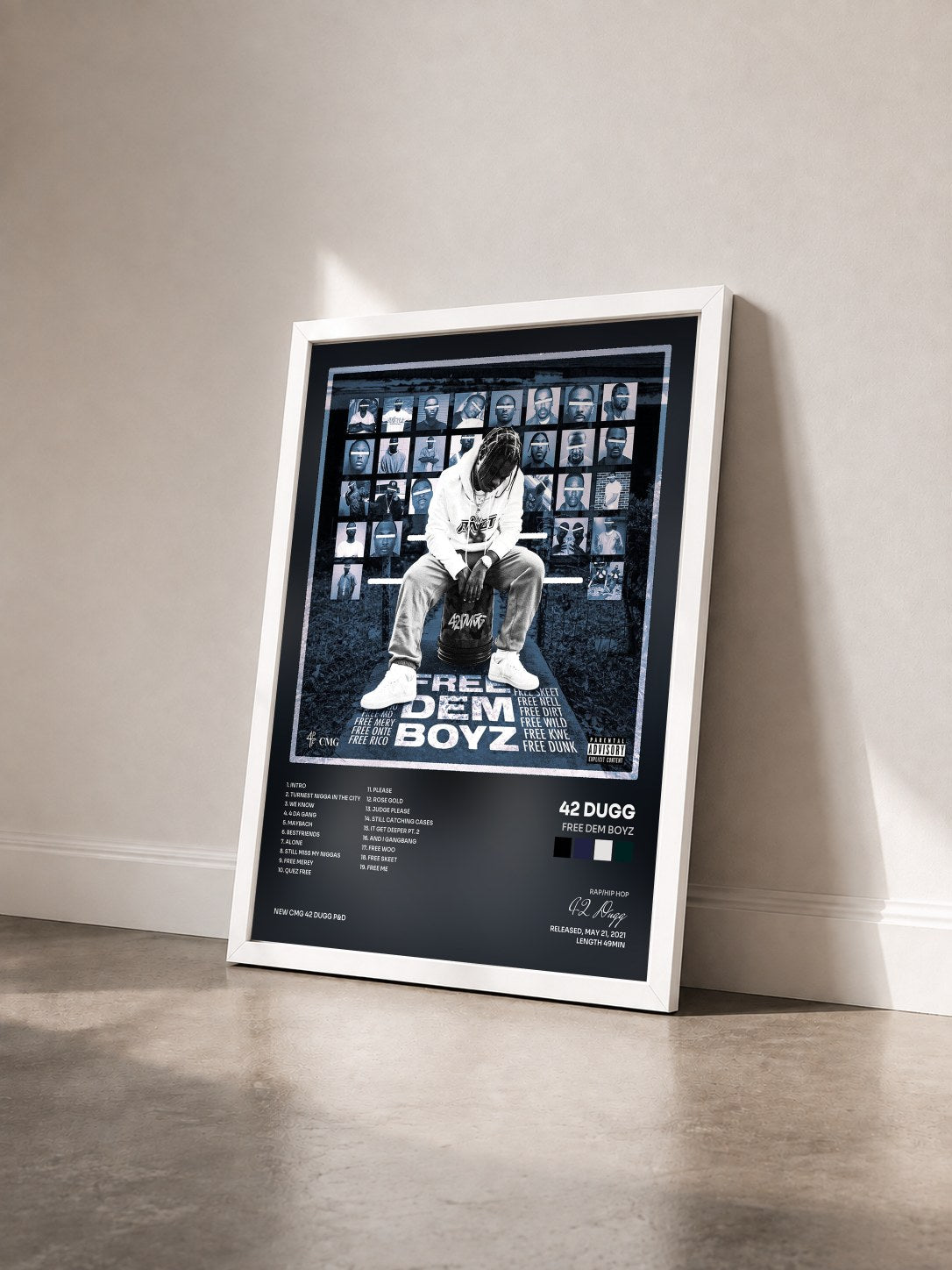#blanc Tableau de l'album Free Dem Boyz de 42 Dugg vu de trois quarts, cadre blanc