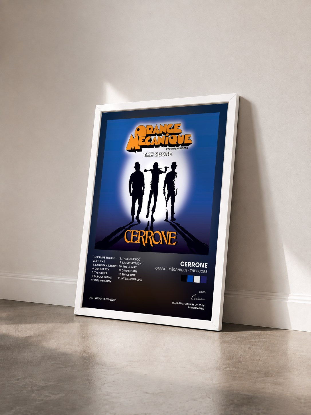 #blanc Tableau de l'album Orange Mécanique - The Score de Cerrone vu de trois quarts, cadre blanc