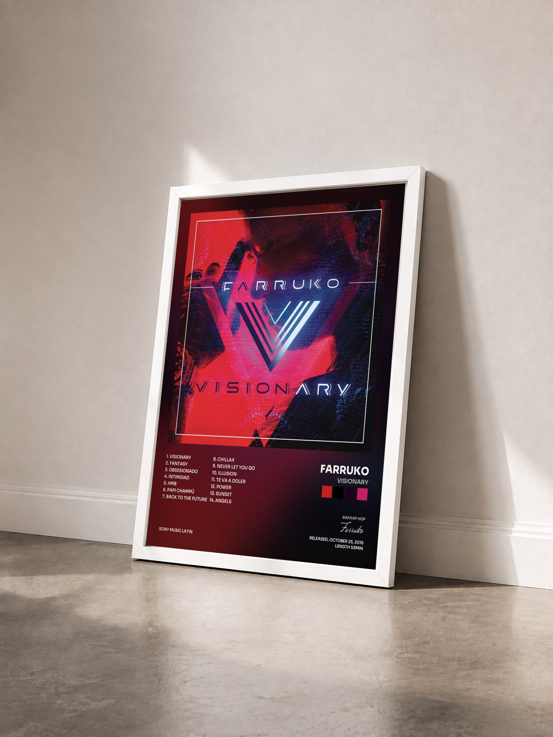 #blanc Tableau de l'album Visionary de Farruko vu de trois quarts, cadre blanc